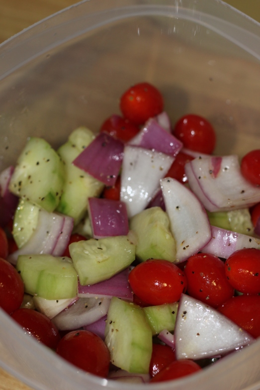 Here's a medley we ate whenever we could eat veggies.  It's also a staple at our house with dinners!  Grape tomatoes, cucumber, purple onion seasoned with salt and pepper and tossed in olive oil and a bit of red wine vinaigrette.