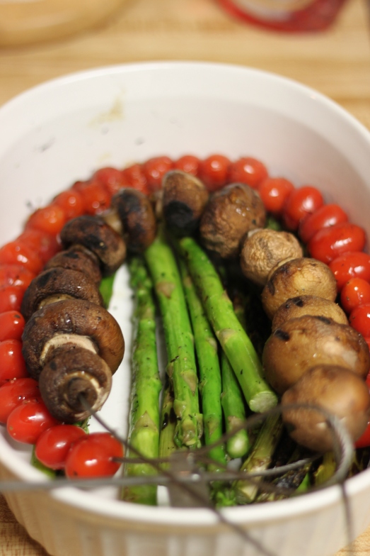 These yummy grilled grape tomatoes, mushrooms, and asparagus went nicely with the baked potato.  