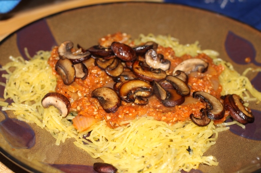 On Day 3 (fruit & veggies) we had a VERY tasty dinner of spaghetti squash, homemade tomato sauce, and sauteed mushrooms.  We will be eating this again after the diet, just maybe with chicken breast too. 