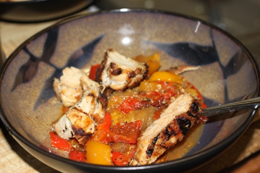 Dinner on Day 6: grilled chicken (seasoned) and yellow and red bell peppers (sauteed in a little olive oil).  